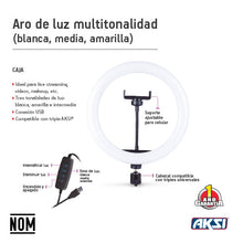 Cargar imagen en el visor de la galería, Aro de luz multitonalidad (luz fría, neutra o cálida) 26 cm