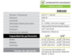 Taladro Rotomartillo Doméstico De 1/2" 500W